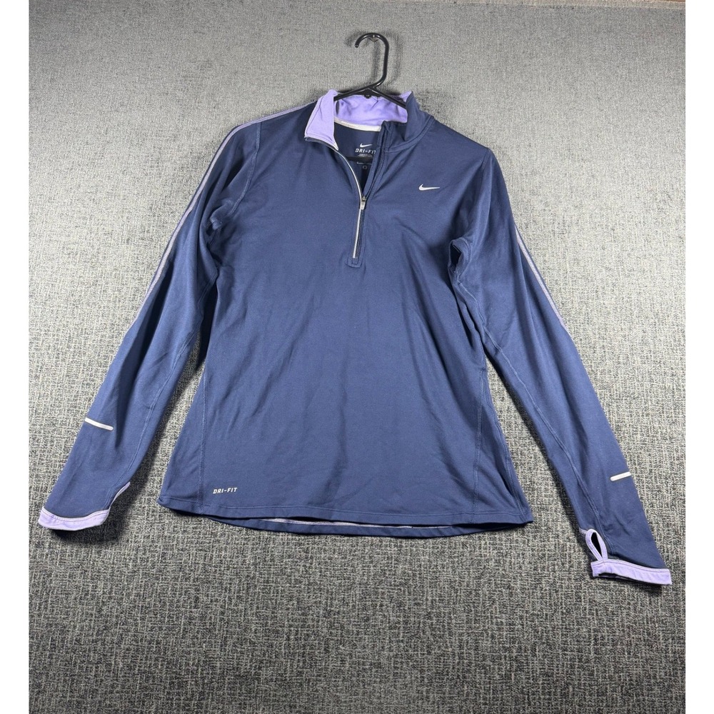 Nike Dri-FIT Womens Navy Purple Quarter Zip Running Top Thumbholes Size M